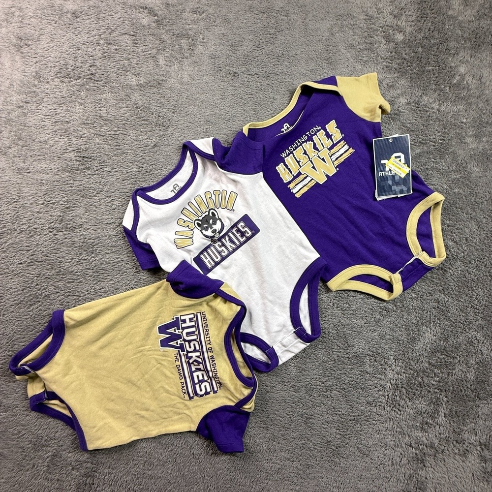 University of Washington Huskies Toddler 18M 3-Pack Bodysuit Bib Set Purple Gold